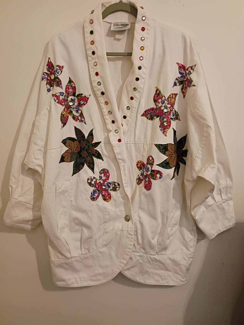 VTG Women's White Embellished Floral‎ Patch Denim Jacket Sz XL